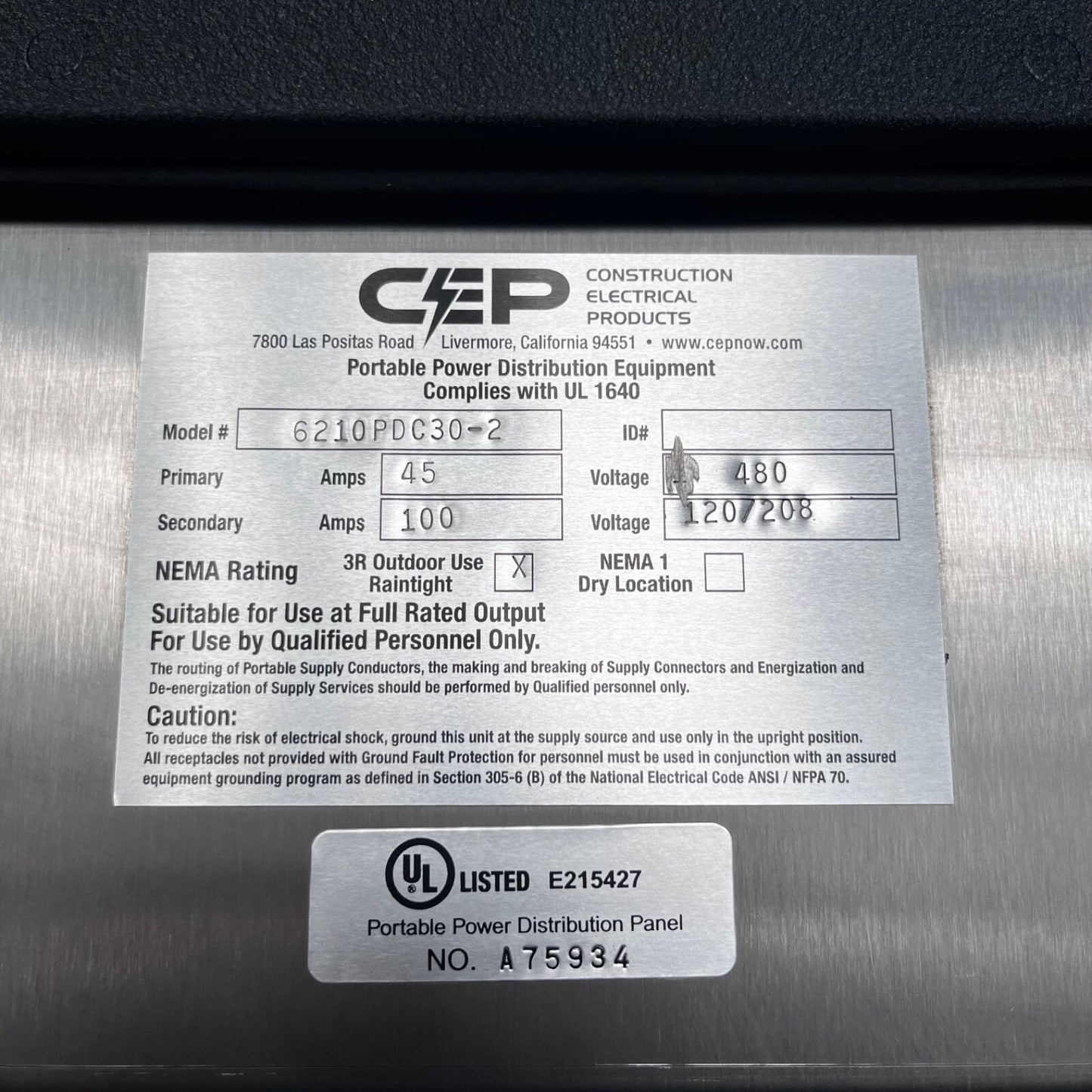 CEP Power Distribution Cart 6210PDC30-2 480V 60A Primary 120/208V 100A Secondary
