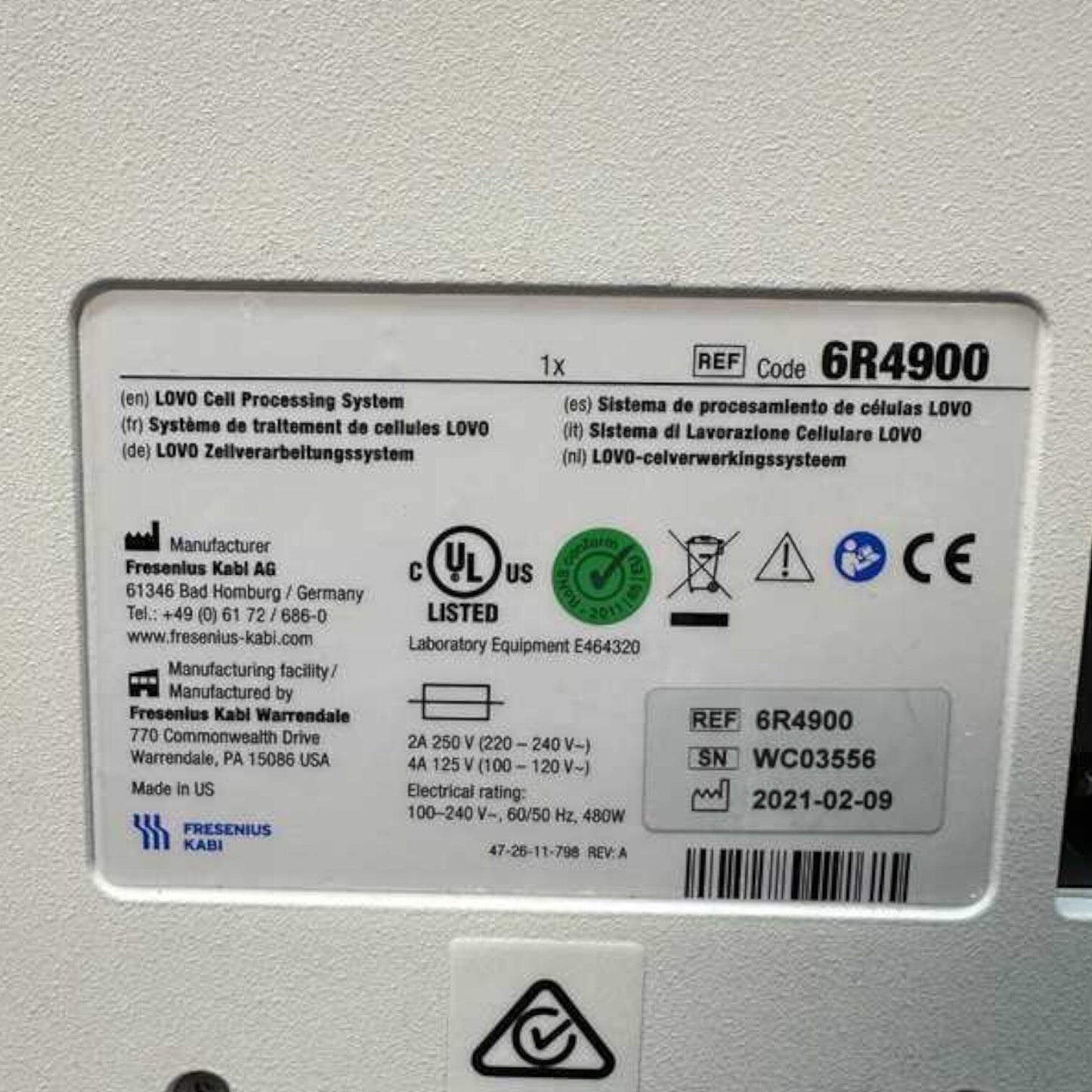 Fresenius Kabi Lovo 6R4900 Automated Cell Processing System WARRANTY