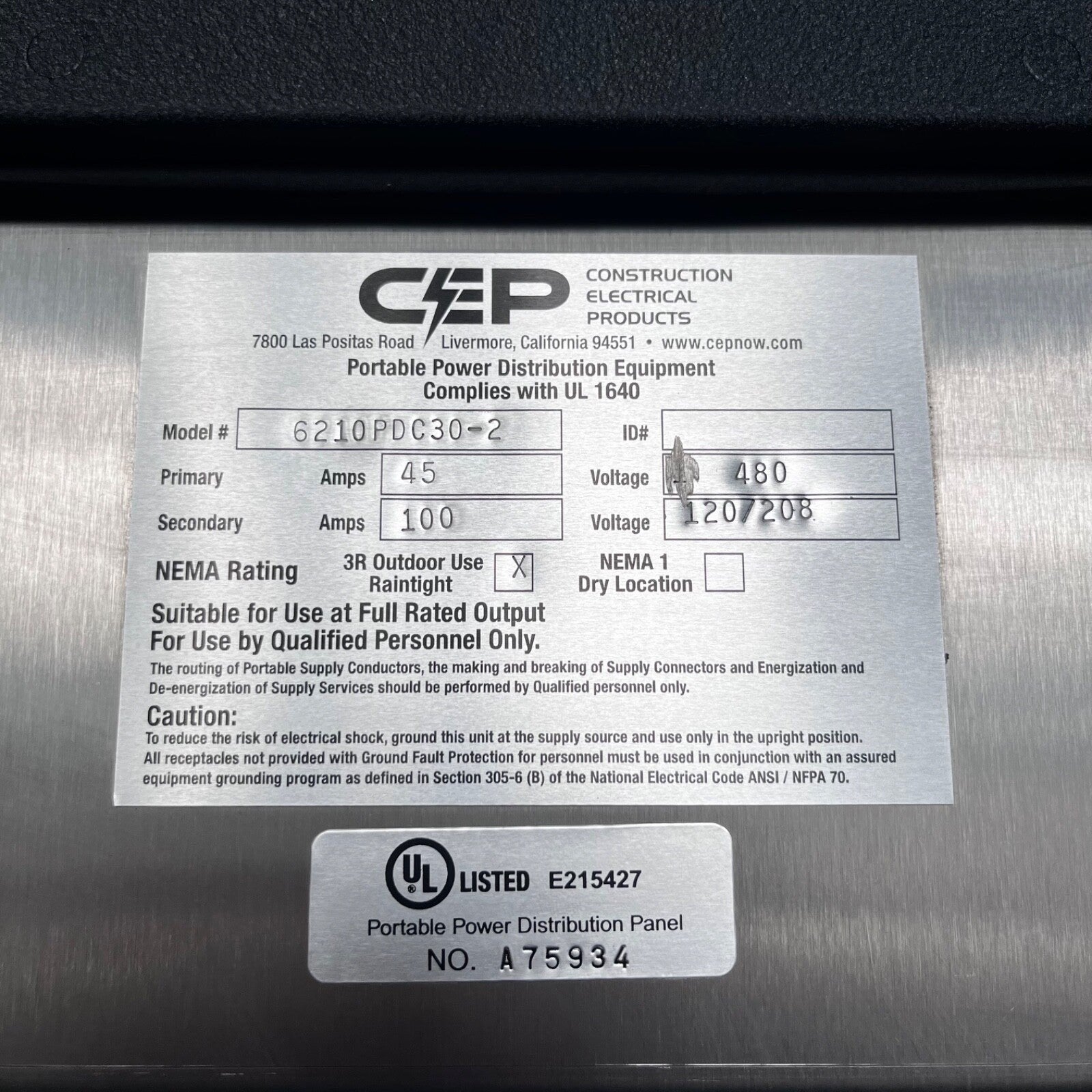 CEP Power Distribution Cart 6210PDC30-2 480V 60A Primary 120/208V 100A Secondary